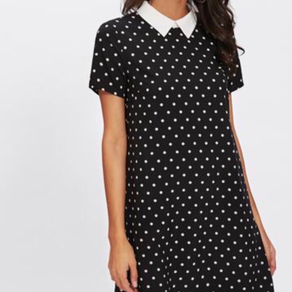Black White Polka Dot Mini Dress with Attached White Collar - Size L/XL